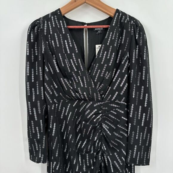 Express Dress Medium Black Silver Midi Cocktail Party Wedding Guest Elegant $118 - Picture 4 of 9